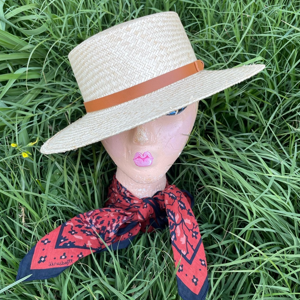 YELLOW 108 Designer Tan Straw Boater Hat with Brown Leather Band Size Medium NWT